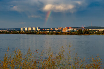 View of Irkutsk city in Russia with rainbow and river in the morning