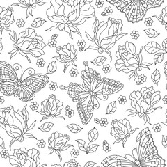 Seamless pattern with rose flowers and butterflies, dark contour flowers and insects on a white background