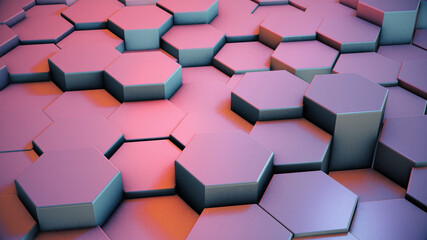 Background of hexagons illuminated by colored light.