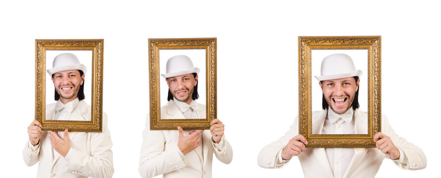 Man in white costume with picture frame