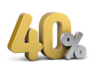 Golden 40 percent.  Isolated on white background. Special offer forty percent off discount tag. 3d render. 40%
