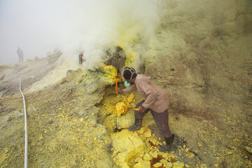 Obraz premium People mining sulphur in Ijen volcano, Java , Indonesia