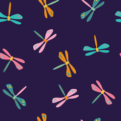 Seamless pattern with multicolored dragonflies on a dark blue background. Vector summer pattern for fabric and wallpaper design.