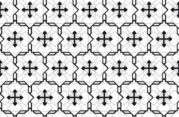 Traditional style black arrowed cross in a decorative repeating grid pattern on a white background, vector illustration
