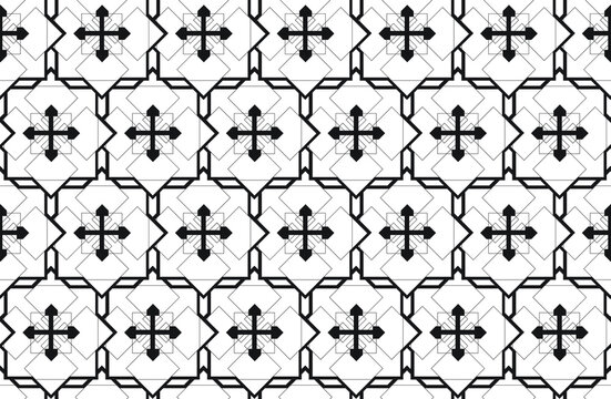 Traditional style black arrowed cross in a decorative repeating grid pattern on a white background, vector illustration