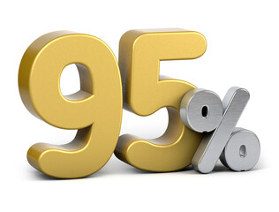 Golden 95 percent.  Isolated on white background. Special offer ninety-five percent off discount tag.3d render.	