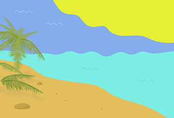 Fototapeta na wymiar Vector illustration for a summer beach holiday. Sandy shore sea, sun, sky and tropical plants this is a real vacation. Designed for poster, banner, postcard