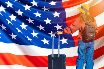 Tourism in the USA. Traveler on the background of the USA flag. Concept - travel trip to the USA. Concept - quarantine in America. A girl cannot leave the United States of America. Border closures