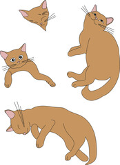 Colorful vector hand drawn set of charming cute red cats. Different poses and emotions. Can be used as advertising, sticker, logo, icon.