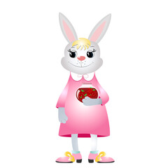 Obraz premium Charming joyful bunny in a pink dress and shoes with bows hold a jar of strawberry jam in your hands. Children's cartoon character. Design for cups, notebooks, cute pictures.