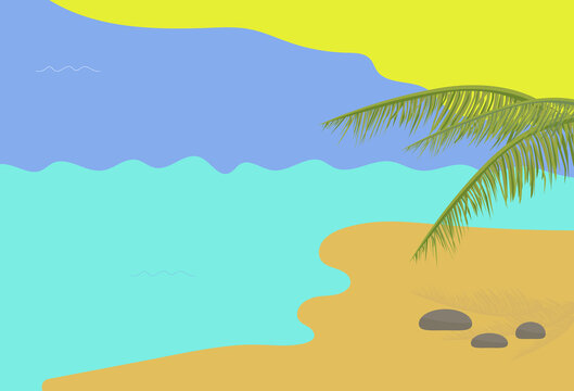 Vector Illustration For A Summer Beach Holiday. Sandy Shore Sea, Sun, Sky And Tropical Plants This Is A Real Vacation. Designed For Poster, Banner, Postcard