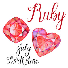 July birthstone Ruby isolated on white background. Close up illustration of gems drawn by hand with colored pencils. Realistic faceted stones.