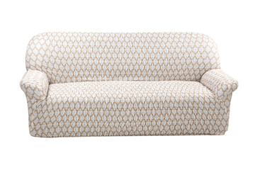 Triple beige sofa isolated on a white background. The cover on the furniture