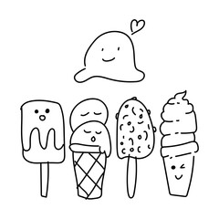 Set cute doodle hand drawn ice cream for design element background