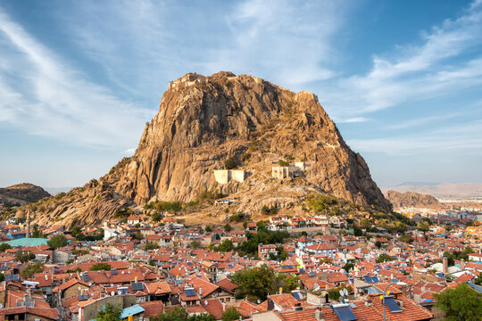 Afyonkarahisar city cityscape with Afyon castle on the rock, Turkey