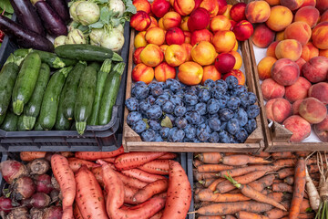 Farmers food market stall with variety of organic vegetables.