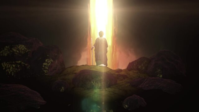 Moses Standing in Front Pillar of Fire in the Desert