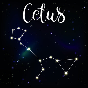 Vector illustration of constellation Cetus with lettering astrology name on space background with stars in shining galaxy.