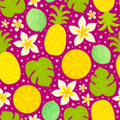 Seamless pattern with pineapple, orange, lime, plumeria flower and monstera leaves. Vector tropical background.