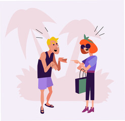 Cute funny illustration of married couple argue and fight on vacation abroad. Young woman shouts at boyfriend with palms on the background. Family have problems, conflict, disagree and misunderstand