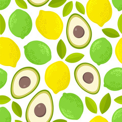 Seamless vector pattern with limes, lemons and halves of avocados.