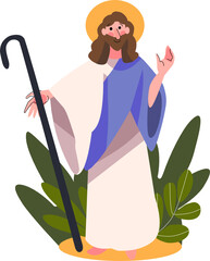 Cute vector illustration of Jesus show way and teach Bible to his students and children. Christ is good shepherd, follow his footsteps. Religious Christian biblical design for Easter and family church