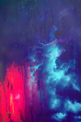 Vertical background with ominous thunderclouds, rain and lightning late in the night. The view from the window glass with water drops. The concept is comfort in the house during bad weather.