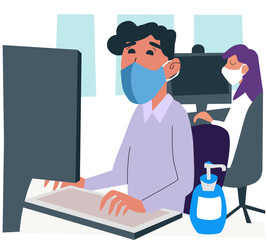 Cute flat vector illustration of young employees in the office. Man and woman in face mask work on computers. Sanitary hygiene, hand cleaning sanitizer gel on the desk. Back to work and reopening