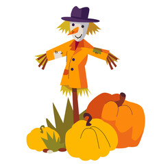 Cute bright illustration of happy smiling scarecrow in old patched clothes and hat with big yellow pumpkins. Halloween family friendly design for children. Kids Fall autumn pumpkin hunt trip
