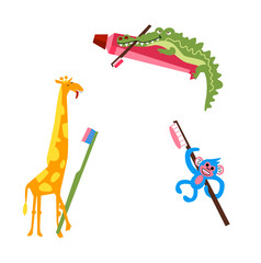 Cute bright funny illustration of jungle animals with toothbrushes and tooth paste. Kids and young children design for hygiene and teeth cleaning and brushing. Bathroom and dentist health illustration