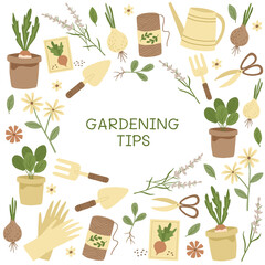 Gardening tips. Garden tools, flowers and plants. Hobby equipment. Vector illustration. © Aleksandra