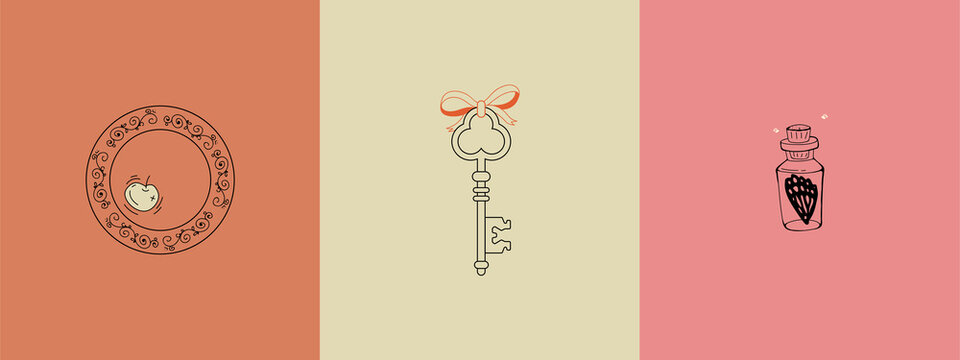 Set of linear magic signs and symbols. Mysterious illustrations. A logo for an isoteric store, for a witch. Magic old key, silver saucer with apple, butterfly wing in a flask.