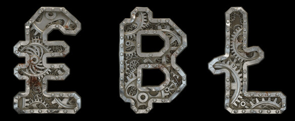 Mechanical alphabet made from rivet metal with gears on black background. Set of symbols lira, baht, litecoin. 3D