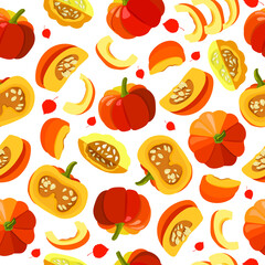 Seamless pattern: bright round pumpkins and pumpkin pieces on a white background. The concept of healthy eating, growing organic vegetables. Vector hand drawing.