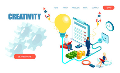  Isometric vector of businesspeople team working cooperating having startup partnership.
