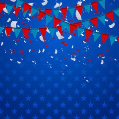 Fototapeta premium Party flags abstract USA background with confetti. Vector graphic design