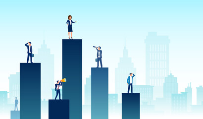 Vector of a business team and partners standing on charts of different heights
