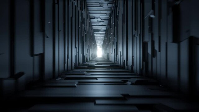 Endless looping shifting tiles tunnel. Futuristic cybernetic alien cavern. Unexplained bright light in distance. Spaceflight to inner core. Unknown underground subway. Faded blue glowing light.