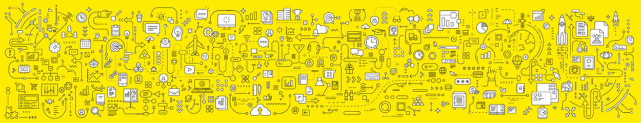 Fototapeta na wymiar Vector abstract technology illustration of connected business icon on yellow background.