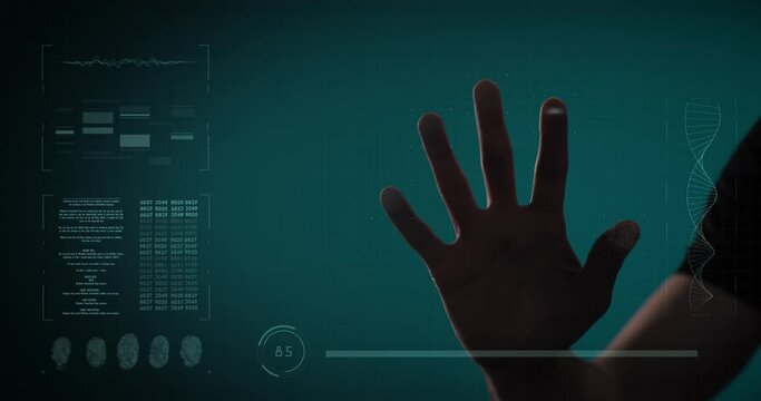 Fingerprint leaning on control glass for biometric scan concept. Digital processing of fingerprints as person's hand presses against a scanner. Future technologies, security and identity. 
