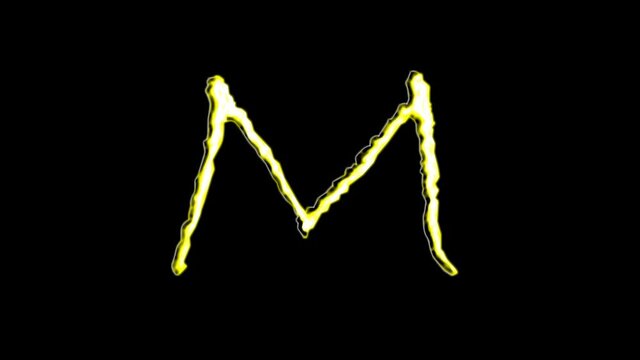 Electric arc draws golden capital letters (M;N;O;P) on black background.2D animation.HD 1080.Loopable.