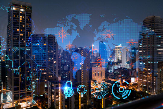 Hologram of Earth planet map on night panoramic cityscape of Bangkok, Asia. The concept of international companies. Multi Exposure.