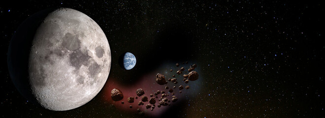 Panorama of a moon and earth planet from space with group of asteroids nearby. Elements of this...