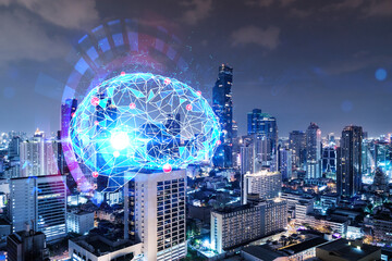 Human brain hologram, aerial panoramic city view of Bangkok at night. Educational cluster in Asia. The concept of artificial intelligence. Double exposure.