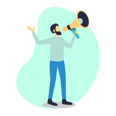 Vector illustration of promotion. People are holding loudspeakers to provide information.