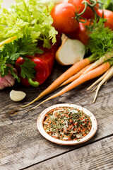Colorful mix of dry and ground vegetables, from above
