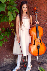beautiful girl in a pink dress stands with a cello in a country house with wild grapes © Fotograf