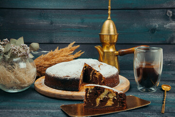 Pie with a coffee. With design for cafes and restaurants.