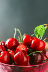 Fresh red cherries in bowl close-up view with copy space