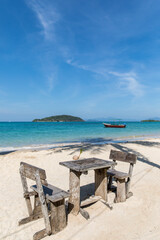 Beach Umbrella and Sunbed, Koh Mak Beach, Koh Mak island, Thailand.